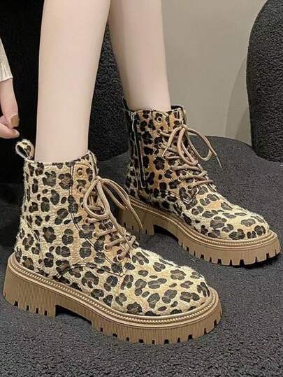 Hot New Women British Retro Leopard Print Chunky Platform Boots, Autumn Winter Fashion Ankle Short Boots Non Slip Street Casual Footwear