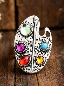 Vintage Distressed Painter's Palette Ring, Colorful Synthetic Gemstone Artistic Style Open Ring - Silver - View 1