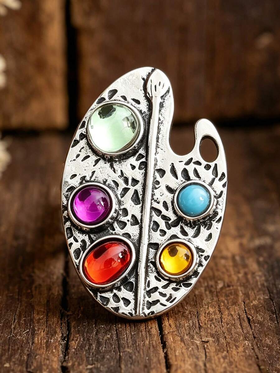 Vintage Distressed Painter's Palette Ring, Colorful Synthetic Gemstone Artistic Style Open Ring - Silver - View 1