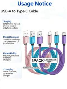 3条装 USB-A 转 USB-C 快速充电数据线 [1米/2米/3米] 尼龙编织 Type-C 同步线。兼容三星 Galaxy A14 5G/A13/A54/A53/A23/A24/A03s/S23/S22 Ultra/S21/S20；也兼容 16/15 系列和各种安卓智能手机。适用于 Type-C 充电器。 - 彩色 - 查看 11