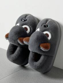 Winter Plus Size Men's Closed-Back Indoor Plush Slippers, Cute 3D Cartoon Angry Puppy Thick Sole Fuzzy Couple Slippers - Grey - View 6