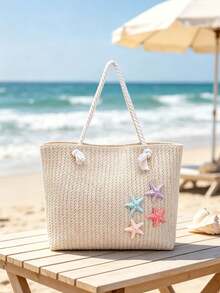 Vacation Style Relaxed Fashion Woven Tote Bag, Starfish Hanging Decoration Design, Large Capacity Simple And Atmospheric Texture Shoulder Bag. - Beige - View 6