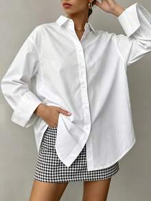Women's Plus Size White Button-Down Shirt, Turn-Down Collar, Long Sleeve With Rolled Cuffs, Loose Fit, Casual Commute Basic Daily Top - White - View 4