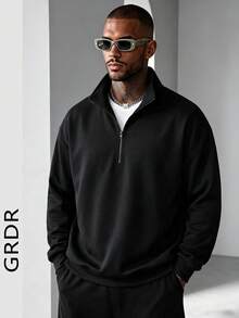 GRDR Men's Solid Color Long Sleeve Zip-Up Pullover Pullover Sweatshirt, Autumn/Winter - Black - View 2