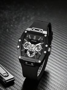 Jam Tangan Quartz Multifungsi Berbentuk Silinder Warna Hitam Doff untuk Pria dari GUESS, Tali Silikon Lembut Hitam, GW0203G3 - Satu-Ukuran - View 14