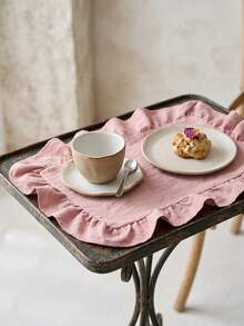 1pc Light Pink Solid Color Ruffle Edge Placemat, Soft And Fresh Style, Fabric Material, Square Shape With Ruffle Edge Detail, Stain-Resistant Protection For Tabletop And Decorative Enhancement, Suitable For Daily Home And Cozy Dining Table Setting - Pink - View 5