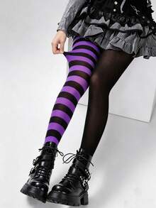 STAR RIVER 1 Pair Black & White Striped Gothic Tights, Y2K Colorblock Leggings, Sweet Lolita Socks, Halloween Cosplay - Multicolor - View 17