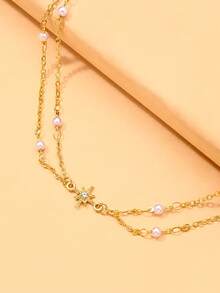 STONEFANS 1pc Star Forehead Chain For Women, Minimalist Elegant Bride Wedding Evening Party Dress Double Layer Pearl Hair Accessory - Star - View 3