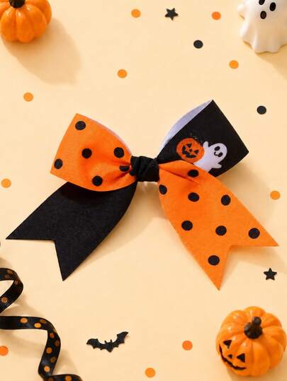 2pcs Halloween Bow Hair Clips For Kid Girl,Cute Pumpkin Grosgrain Hairpin For Halloween Party,Day Of The Dead,Children Girls Hair Accessories