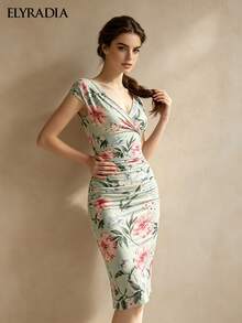ELYRADIA Summer Dress For Elegant Ladies With Sexy Style, Sleeveless Deep V-Neck Floral Print Pattern, Fitted And Pleated Wedding Guest Luxurious Evening Dress - Baby Blue - View 4
