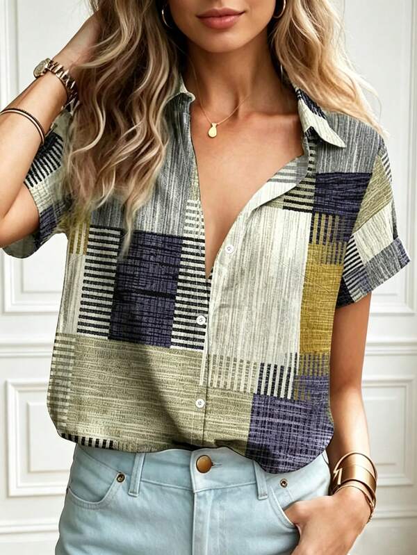Patchwork Button Graphic Print Short Sleeve Casual Retro Shirt