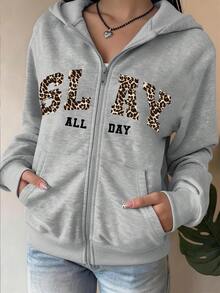 1 Jaket Hoodie Zipper Anak Perempuan dengan Motif Macan Tutul dan Grafis Huruf Inggris, Musim Gugur/Dingin, Gaya Kampus, Pakaian Homecoming - Grey - View 8