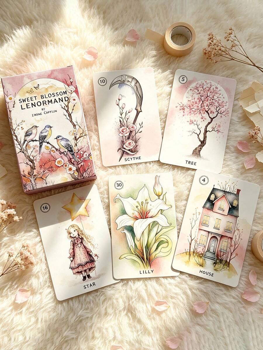 1 Box Sweet Blossom Lenormand, 38 Cards Floral Theme Divination Set, Dreamy Spiritual Healing Gift,Suitable For Both Beginners And Enthusiasts.