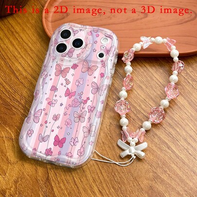 Pink Purple Vertical Stripe Hand-Painted Butterfly, Flower, Star, Wave Phone Case, Pink Rose Pearl Bowknot Charm Chain, Fresh Girly Full Coverage Transparent Silicone Soft Shell Compatible With 17/17 Pro/17 Pro Max, 16/15, 15 Pro Max, 13/14/11/12/14 Pro Max, XS/XR/X/8/7/8 Plus/7 Plus, Galaxy S22/23/24/S25/S26/A04/A36/A06/A07/A17/A15/A16/A24/A25/A34, Note 7/8/9/10/11/12/13/14, 13C/14C/A5, Honor X, HW, C53 C55, Spring Birthday Gift, Anniversary Gift