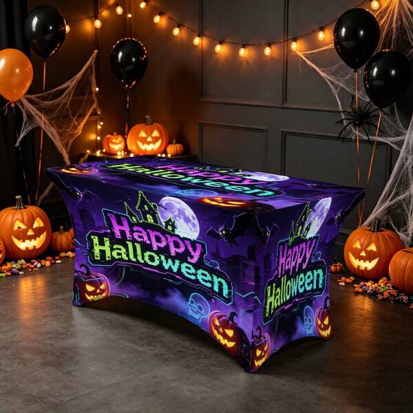 1pc Cartoon Happy Halloween Slogan Print High Elasticity Tablecloth With Elastic Band - Stretchable Fit, Washable And Reusable Table Cover, Suitable For Dining Table, Buffet Table, Dessert Table, Banquet, Holiday Party Decoration, Halloween, Birthday, Wedding - Suitable For Kitchen Use
