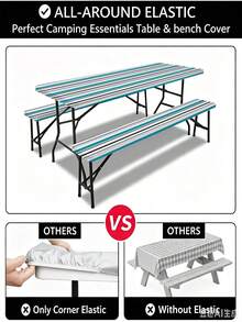 3 Pieces Picnic Tablecloth Set With Bench Cover, Elastic Edge Design, Striped Pattern, Washable Rectangular Tablecloth, Suitable For Weddings, Camping, Picnics, Garden Parties And More, Practical Essential - D - View 8
