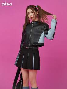 CHUU 女款字母人造 PU 皮革夾克外套 秋季配色拼接休閒百搭拉鍊夾克 - 黑色 - 查看 5