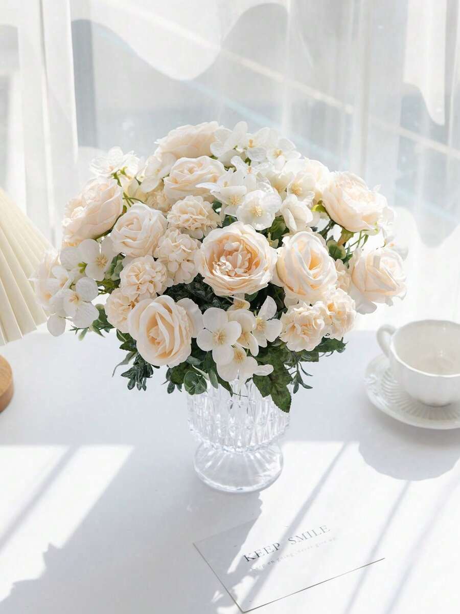 1/3/5/60 peças Buquê de Rosas Artificiais, Arranjo de Flores Artificiais, Peônia Falsa, Decoração Floral de Rosas de Seda, Adequado para Decoração de Casa, Plantas Artificiais, Decoração de Outono, Quarto, Mesa, Decoração de Jardim, Decoração de Quarto, Centro de Mesa - Branco - Visão 1