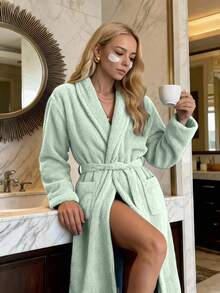 Bathrobe Soft Touch Contain Cotton Bathrobe For Women & Men - Made In Turkey, Lightweight, Absorbent, Comfortable Bath Robe - Mint Green - View 4