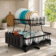 Escurridor de Trastes Acero Inoxidable, Escurridor de Platos de 2 Niveles, Estante para Secar Platos sobre el Fregadero para Platos para Organizar la Cocina (Negro) HG057 - Ver 2