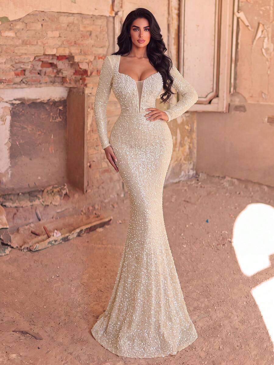 Gaun Malam Formal Mewah Berhiaskan Mutiara dengan Garis Leher Bentuk Hati dan Potongan Rok Model Duyung serta Hiasan Manik-manik