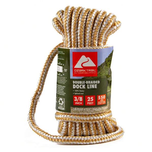 Double-Braided Nylon Marine Dock Line, 3/8 In X 25 Ft, Up To 20 Ft Boats, 550 Lb Maximum Working Load, Gold