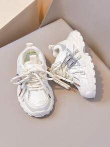 1 Pair New Girls' Sequin Rhinestone Thick Sole Sneakers, Casual Fashion Breathable Height-Increasing Chunky Sneakers - Beige - View 5