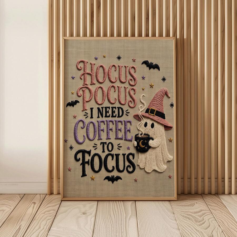 1pc Frameless Pink Halloween Ghost Cross-Stitch Embroidery Canvas Wall Art, Vintage Retro Spooky Cute Rustic Farmhouse Decor, Whimsical Stitched Print For Kitchen Living Room Bedroom Dorm, Room Decor Bedroom,Prints For Wall, Unique Best Gift Choice - Multi-color - View 1