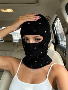 1pc Women's Y2K Rhinestone Balaclava Hat, Unisex One-Hole Knitted Head Cover, Fashionable Face Mask Cap, Suitable For Daily Streetwear And Party - Single-hole Head Cover - View 3