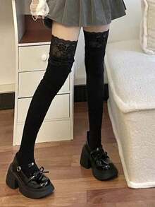1 Pair Women's (Suitable For 60kg) Black Contrast Lace Comfortable Over-The-Knee Socks, Versatile For Daily Wear - Multicolor - View 4