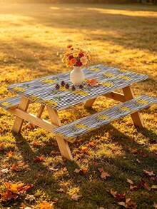 3 PiecesPicnic Tablecloth Set With Bench Cover, Elastic Edge Design, Line & Floral Pattern, Matching Floral Pattern, Washable Rectangular Tablecloth, Suitable For Weddings, Camping, Picnics, Garden Parties And More, Practical Essential - C - View 10