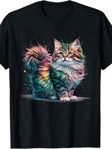 Cat Men Women Colourful Watercolour Cat T-Shirt - 款式 - 查看 1