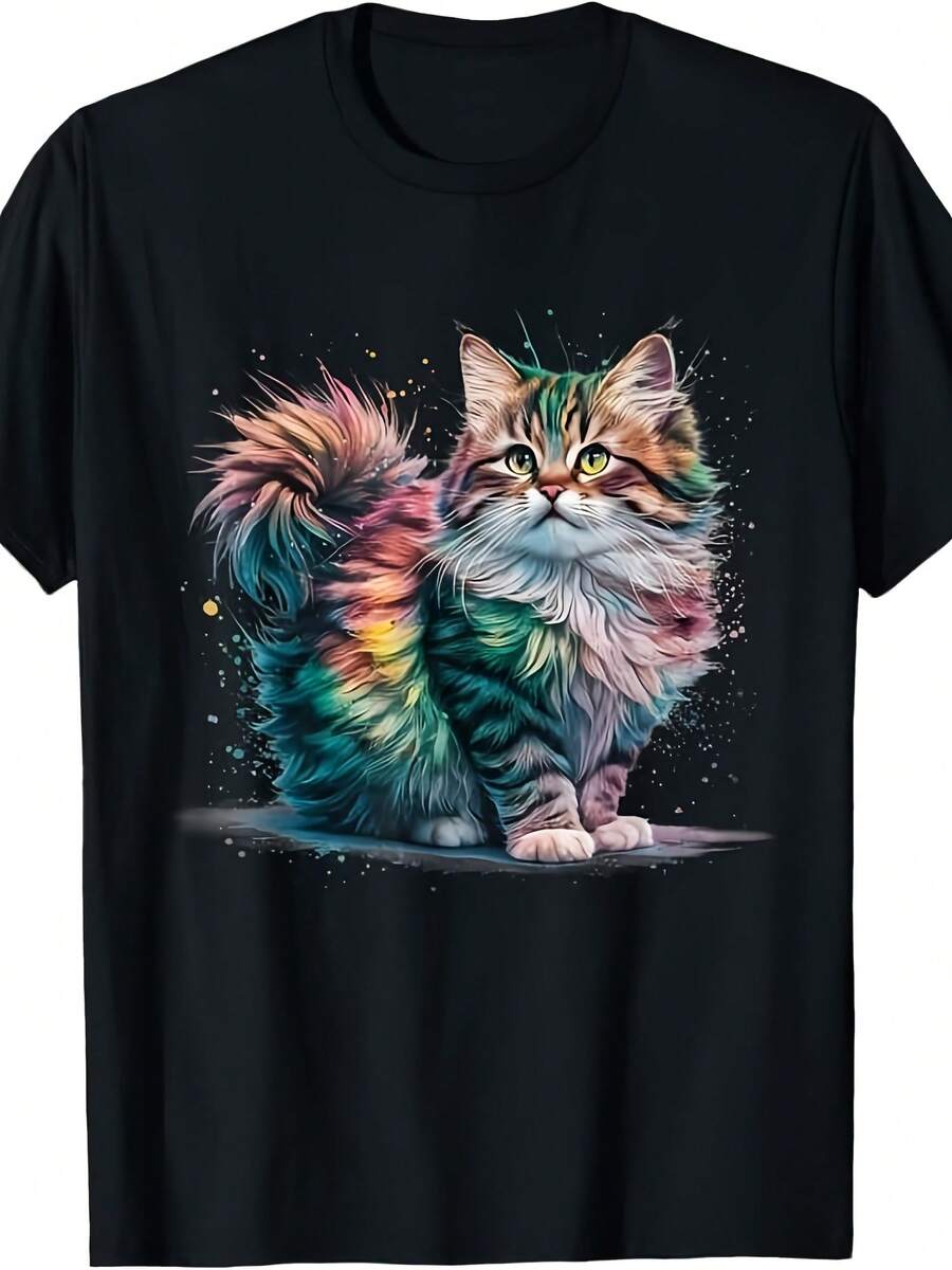 Cat Men Women Colourful Watercolour Cat T-Shirt - 款式 - 查看 1
