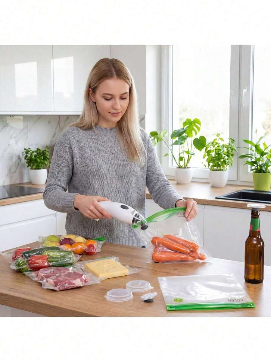 Adler Vacuum Pump With Sealing Bags Set, Handheld Vacuum Sealer, Food Vacuum Pump Kit - Reusable Bags, Portable, Extends Freshness - White - View 1