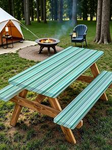 3 Pieces Picnic Tablecloth Set With Bench Cover, Elastic Edge Design, Striped Pattern, Washable Rectangular Tablecloth, Suitable For Weddings, Camping, Picnics, Garden Parties And More, Practical Essential - A - View 2
