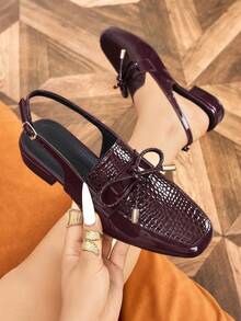 Women's Fashion Round Toe Bow Slingback Flat Shoes, Low Chunky Heel Comfortable Burgundy Backless Pumps For Commute, Party, Holiday, Vacation - Burgundy - View 2