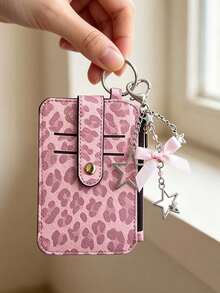 Multi‑Slot Leopard Print Card Holder With Star Bow Keychain,PU Mini Zipper Coin Purse,Thin Card Case Id Window,Portable Id Card Wallet Bag Charm - Multicolor - View 3