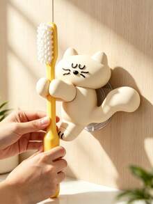 1pc Cute Cat Shaped Wall Mount Holder, Functional Toothbrush Rack + Cable Organizer, No-Drill Adhesive Hook, Suitable For Bathroom Sink, Desktop Charging Cable Storage - Multicolor - View 6
