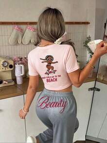 2pcs Women's Casual Minimalist Print Short Sleeve Top + Elastic Waist Straight Leg Pants Loungewear Set - Pink - View 1