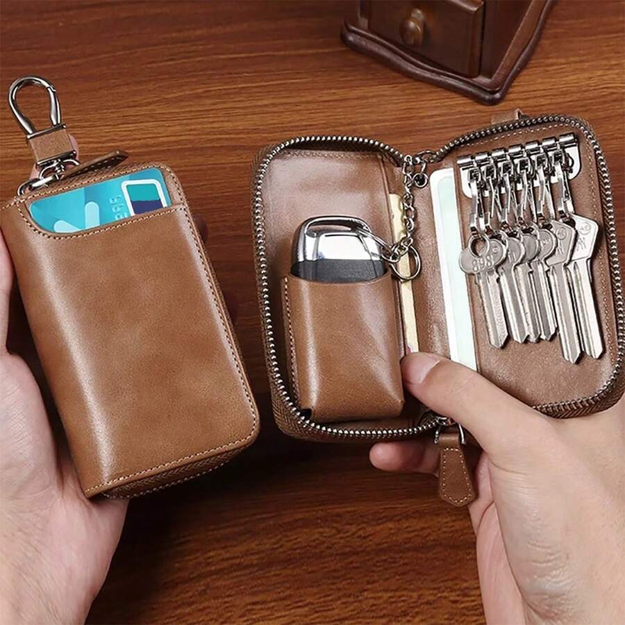 New Genuine Leather Texture Key Pouch For Men, Large Capacity Key Storage Bag, Vintage Waist-Hanging Zipper Key Bag, Suitable As A Gift For Men's Car Key Pouch - Multicolor - View 1