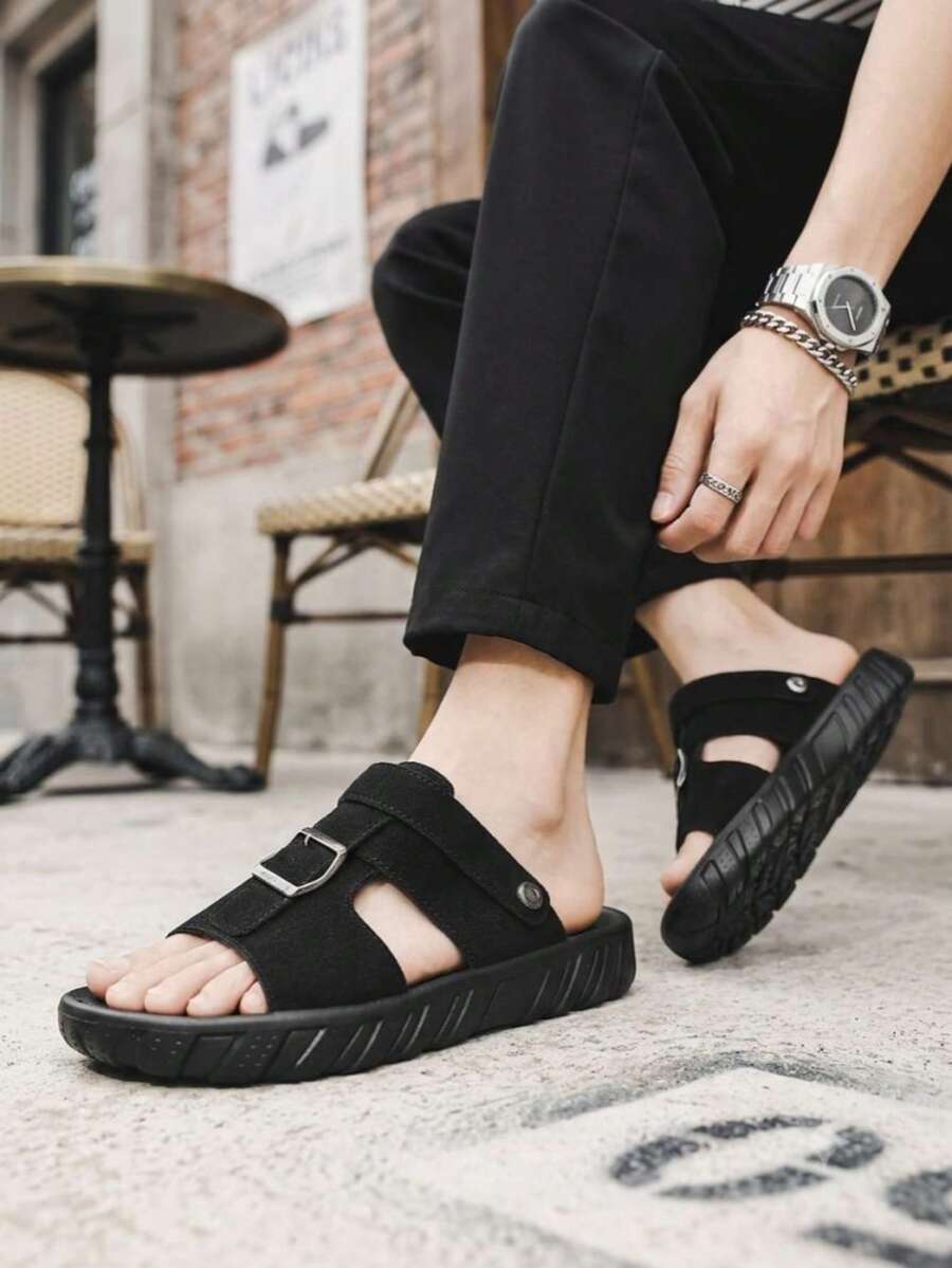 男士夏季純色平底休閒沙灘居家時尚皮涼鞋 - 黑色 - 查看 1
