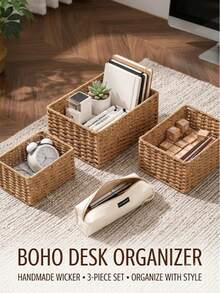Handwoven Wicker Desktop Storage Box, Bohemian Style Decorative Wicker Storage Basket, Suitable For Bathroom Countertop, Bedroom, Kitchen And Office, Woven Tray, Can Store Cosmetics And Miscellaneous Items - Multicolor - View 4