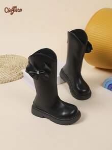 1 Pair Girls' Rhinestone Bow Decor PU Fabric Round Toe High Shaft Thick Sole Chunky Heel Sweet Princess Knee-High Boots, Suitable For Autumn/Winter Daily Wear And Holiday Outings - Black - View 3