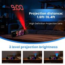 Projection Alarm Clock, Black Shell USB 5V Powered, Color Changing Light, Display Year Date Temperature, Adjustable Brightness Digital Projection Clock For Bedroom - Black Projection Alarm Clock - View 7