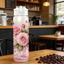 1pc/5pcs 750ml Large Capacity Summer Sports Plastic Water Bottle, Best Friend Birthday Holiday Gift Soft Pink Floral Rose Butterfly Lace Pattern Water Bottle, Elegant Drinking Container, Couple Water Bottle, Suitable For Commuting Camping Vacation, Floral Couples Gift - Multicolor-floral - View 12