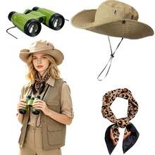 3pcs Jungle Hunter Costume Set - Includes Sun Hat, Leopard Print Scarf, Binoculars; Outdoor Adventure Costume Accessories - Suitable For Halloween Role Play, Holiday Dress Up, Theme Party Outfits, Animal Print Accessories, Vintage Fashion Items, Fashion Accessories, Details, Complete Adventure Set, Role Play Enthusiast Outfits, Holiday Event Outfits - Multicolor - View 1