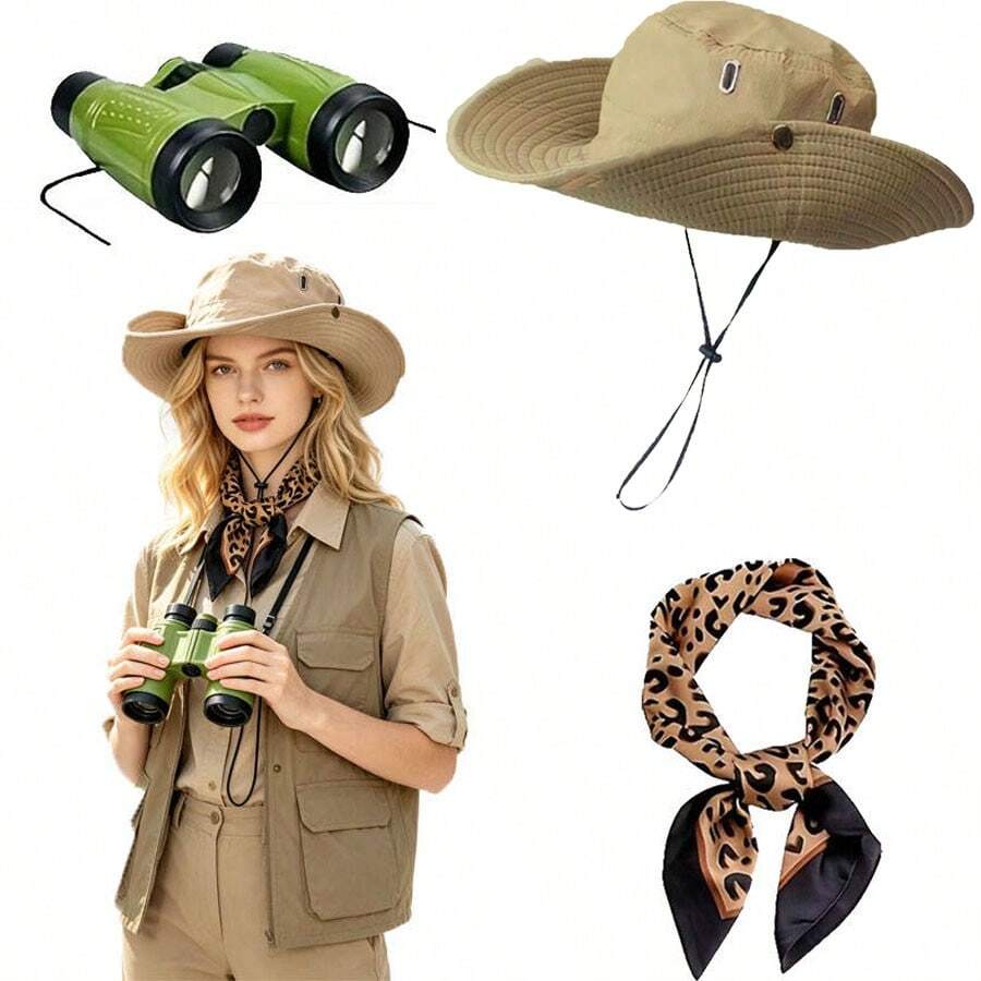 3pcs Jungle Hunter Costume Set - Includes Sun Hat, Leopard Print Scarf, Binoculars; Outdoor Adventure Costume Accessories - Suitable For Halloween Role Play, Holiday Dress Up, Theme Party Outfits, Animal Print Accessories, Vintage Fashion Items, Fashion Accessories, Details, Complete Adventure Set, Role Play Enthusiast Outfits, Holiday Event Outfits - Multicolor - View 1