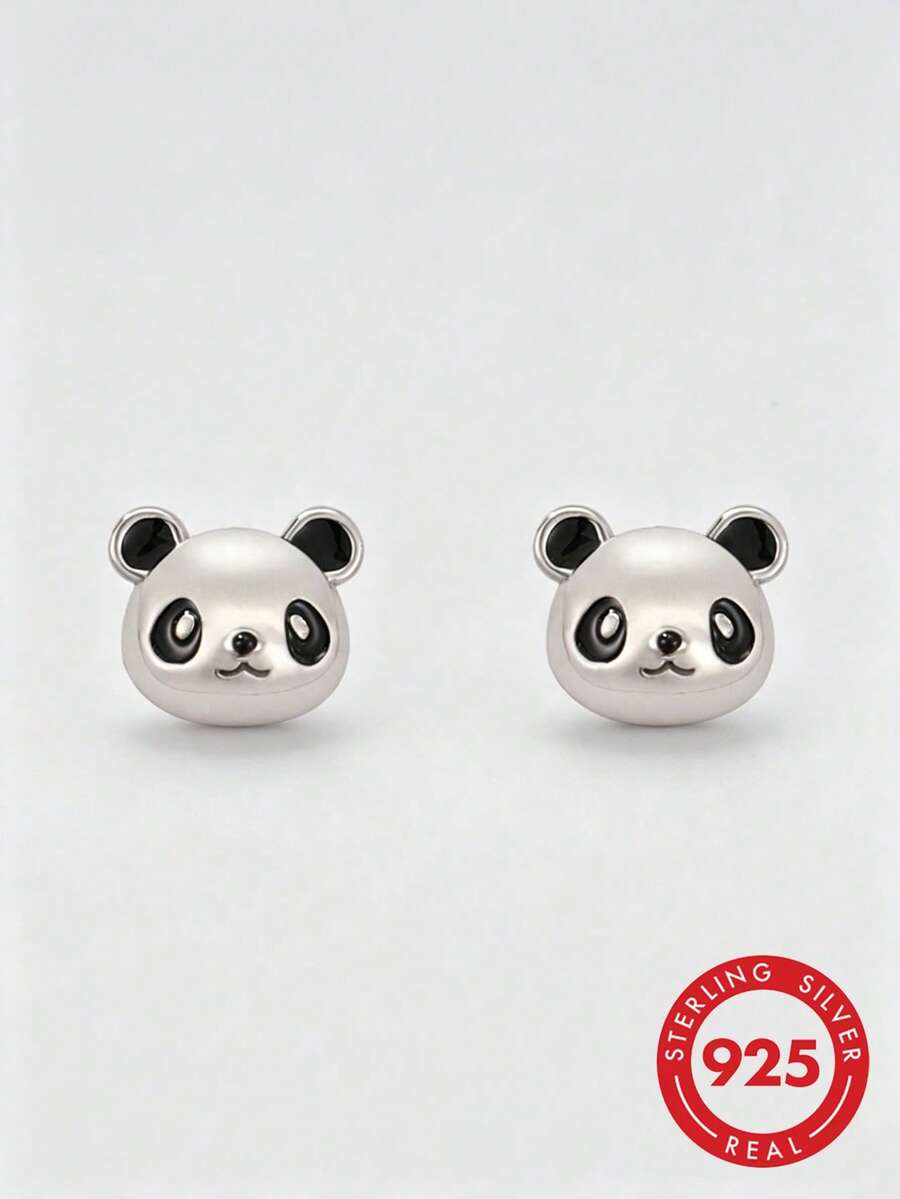 HuooNew 1 Pair S925 Sterling Silver Enamel Panda Stud Earrings, Cute Cartoon Animal Design, Niche Fresh Style, Versatile Silver Earrings For Girls - Silver - View 1