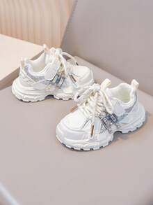 1 Pair New Girls' Sequin Rhinestone Thick Sole Sneakers, Casual Fashion Breathable Height-Increasing Chunky Sneakers - Beige - View 4