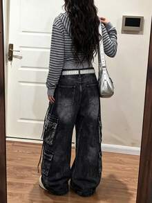 Y2K Grey Black Stripe Cropped Zip Hoodie Slim Fit Long Sleeve Drawstring Soft Comfortable Streetwear Jacket For Spring Autumn Winter - Grey - View 2